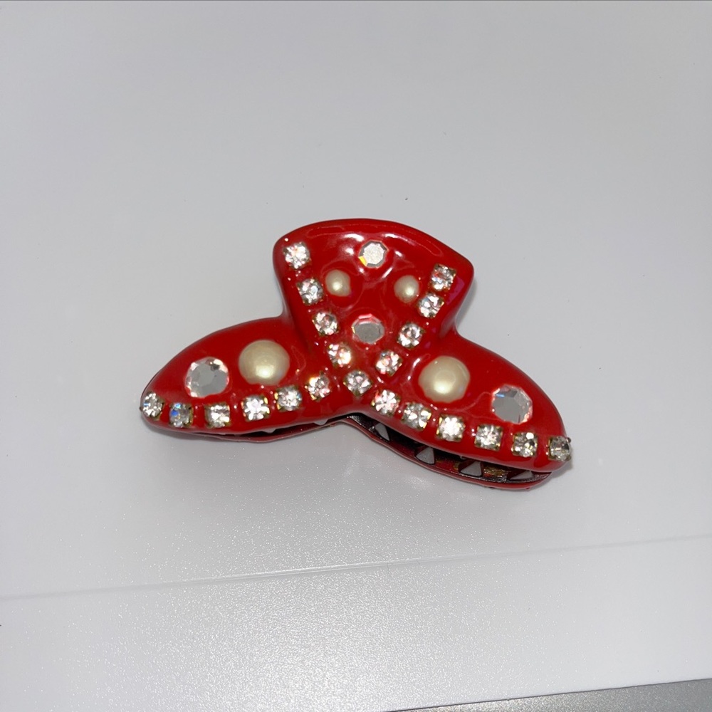 Vintage Fernella’s Jools NYC Red Enamel Hair Clip w/Faux Pearls and Rhinestones